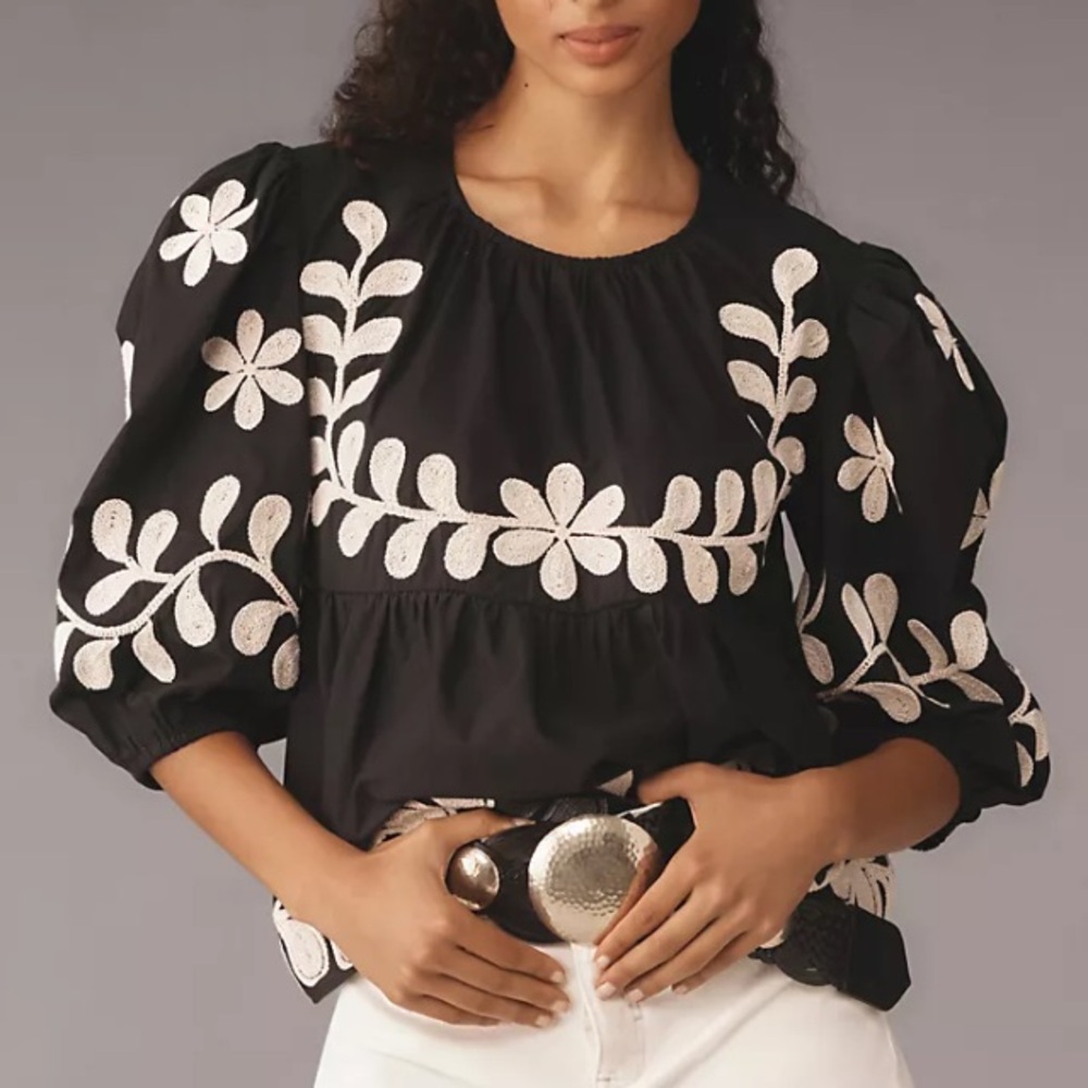 Anthropologie Black and Cream Floral Blouse